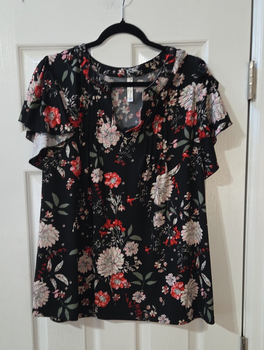 Perseption Black Floral Flutter Sleeve Blouse with Red & Cream Flowers